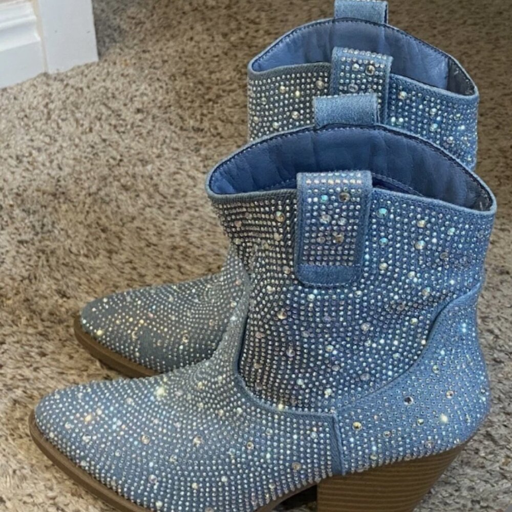Forever River Denim Blue Gem/Bling Cowboy Western Ankle Boots Women's 6 1/2